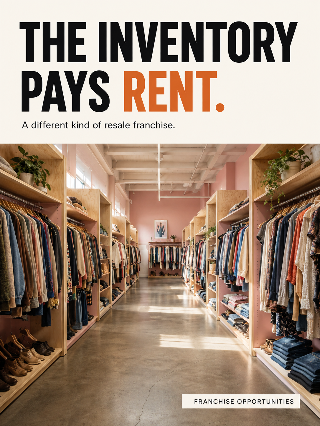 The inventory pays rent. A different kind of resale franchise. A bright pink and wood resale store aisle.
