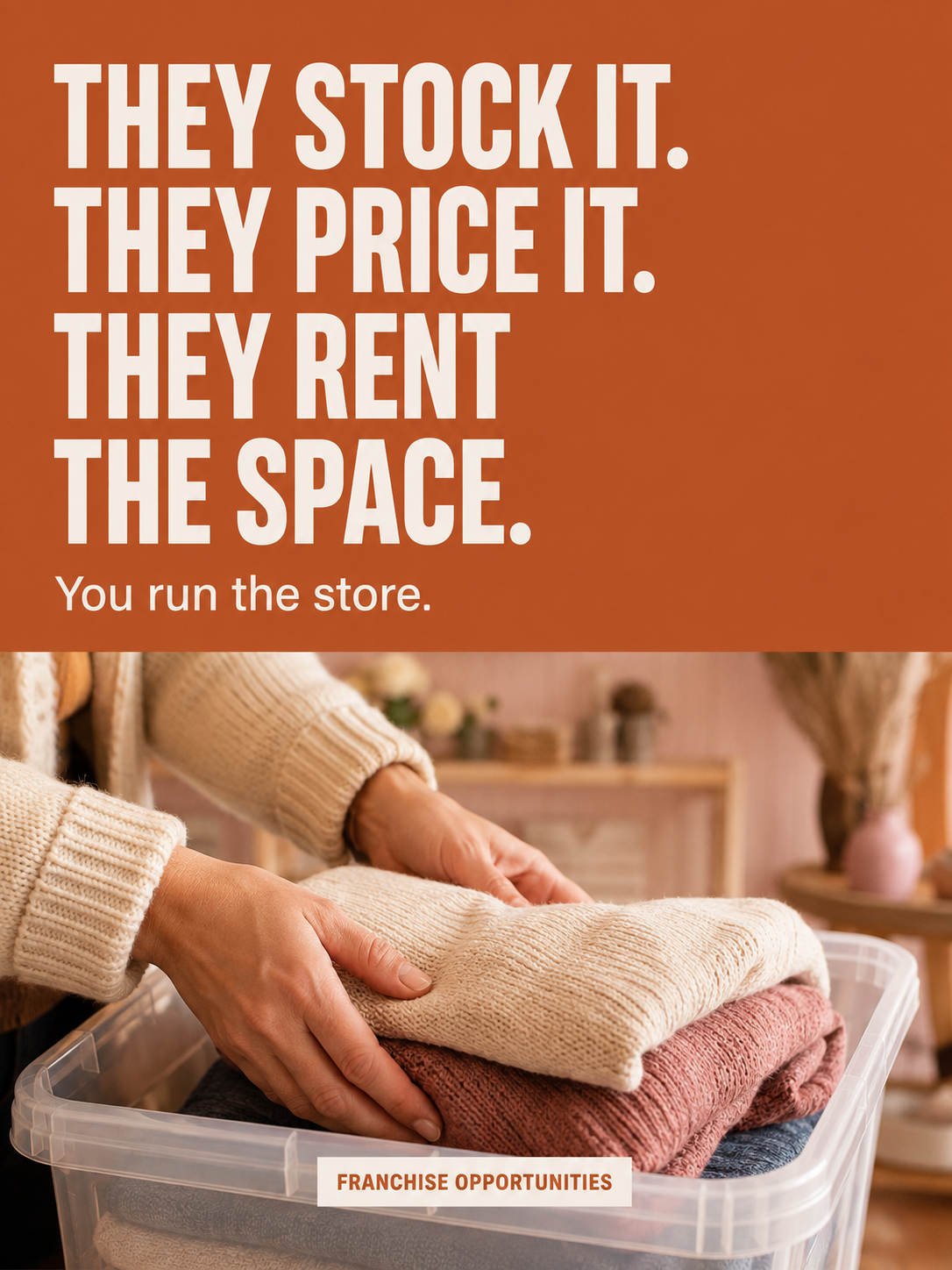 They stock it. They price it. They rent the space. You run the store. Hands placing folded knitwear in a tote.
