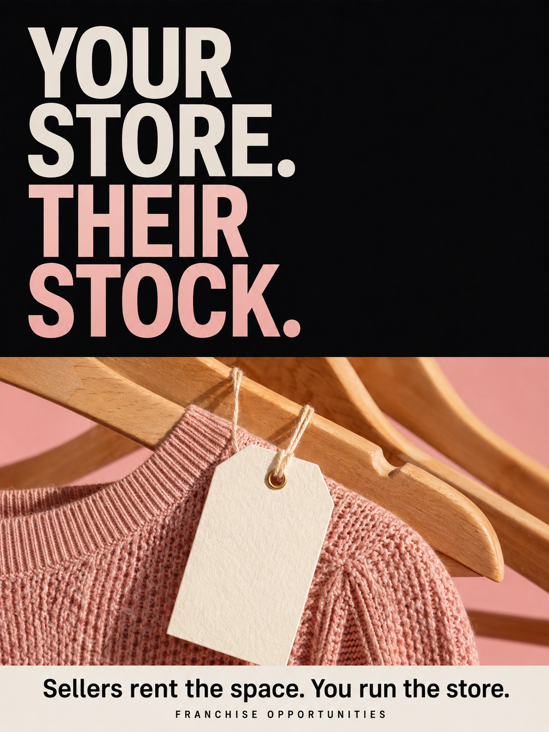 Your store. Their stock. Sellers rent the space. You run the store. Pink knitwear on a wooden hanger.